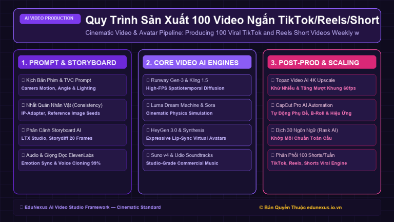 Quy Trình Sản Xuất 100 Video Ngắn TikTok/Reels/Shorts Mỗi Tuần Bằng Hệ Thống AI Video Pipeline Tự Động