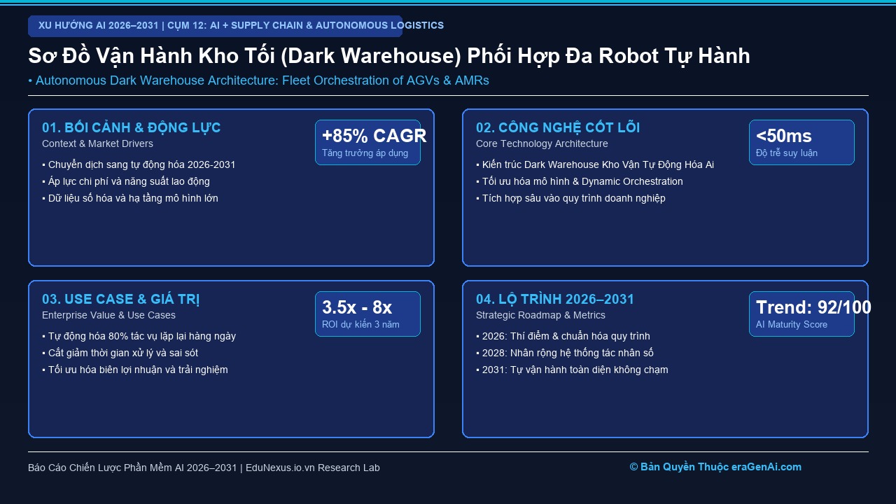 Kho Vận Tự Động Hóa 100% (Dark Warehouse): AI Phối Hợp Robot AGV, AMR và Băng Chuyền Tự Hành